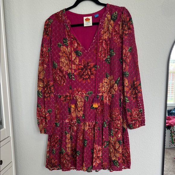 Farm Rio for Anthropologie Pink Eyelet Floral Long Sleeve Boho Dress - Picture 1 of 4